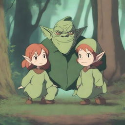 A highly detailed and heartwarming 4K scene featuring an anime goblin family in a magical forest