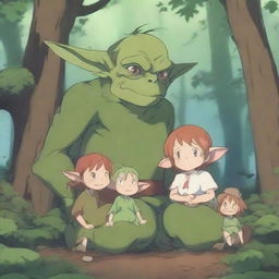 A highly detailed and heartwarming 4K scene featuring an anime goblin family in a magical forest