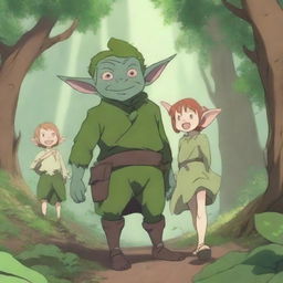 A highly detailed and heartwarming 4K scene featuring an anime goblin family in a magical forest