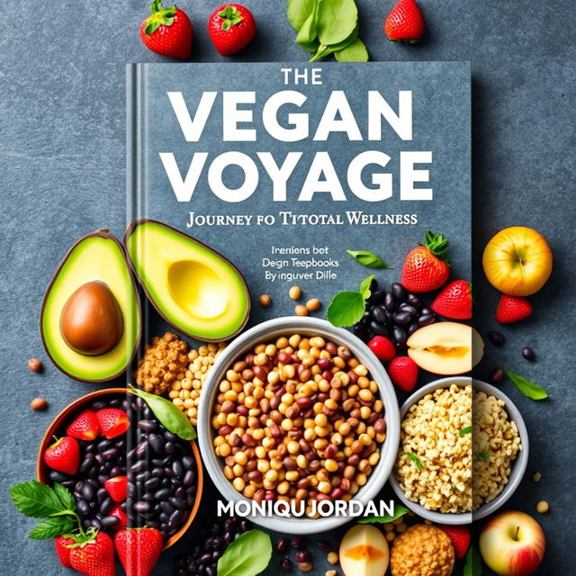 Design an inviting and colorful cover for a vegan cookbook titled 'The Vegan Voyage: Journey to Total Wellness' by Monique Jordan