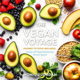 Design an inviting and colorful cover for a vegan cookbook titled 'The Vegan Voyage: Journey to Total Wellness' by Monique Jordan