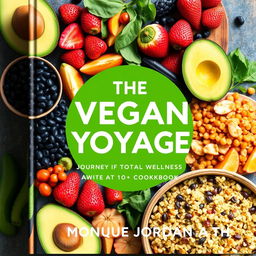 Design an inviting and colorful cover for a vegan cookbook titled 'The Vegan Voyage: Journey to Total Wellness' by Monique Jordan