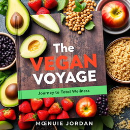 Design an inviting and colorful cover for a vegan cookbook titled 'The Vegan Voyage: Journey to Total Wellness' by Monique Jordan