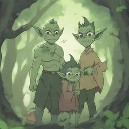 A detailed and vibrant 4K anime illustration of a goblin family in a mystical forest