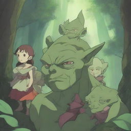 A detailed and vibrant 4K anime illustration of a goblin family in a mystical forest