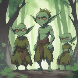 A detailed and vibrant 4K anime illustration of a goblin family in a mystical forest