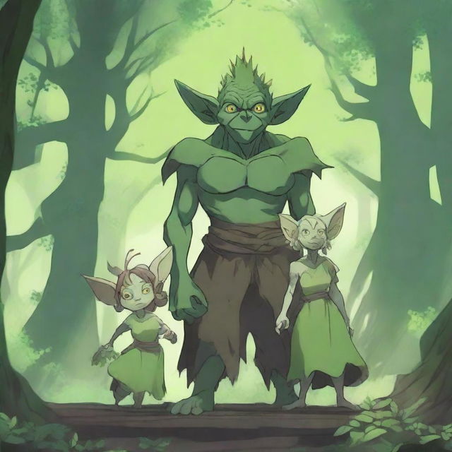 A detailed and vibrant 4K anime illustration of a goblin family in a mystical forest