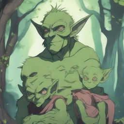 A highly detailed and vibrant 4K anime illustration of a goblin family in a mystical forest