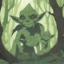 A highly detailed and vibrant 4K anime illustration of a goblin family in a mystical forest