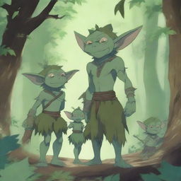 A highly detailed and vibrant 4K anime illustration of a goblin family in a mystical forest