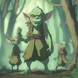 A highly detailed and vibrant 4K anime illustration of a goblin family in a mystical forest