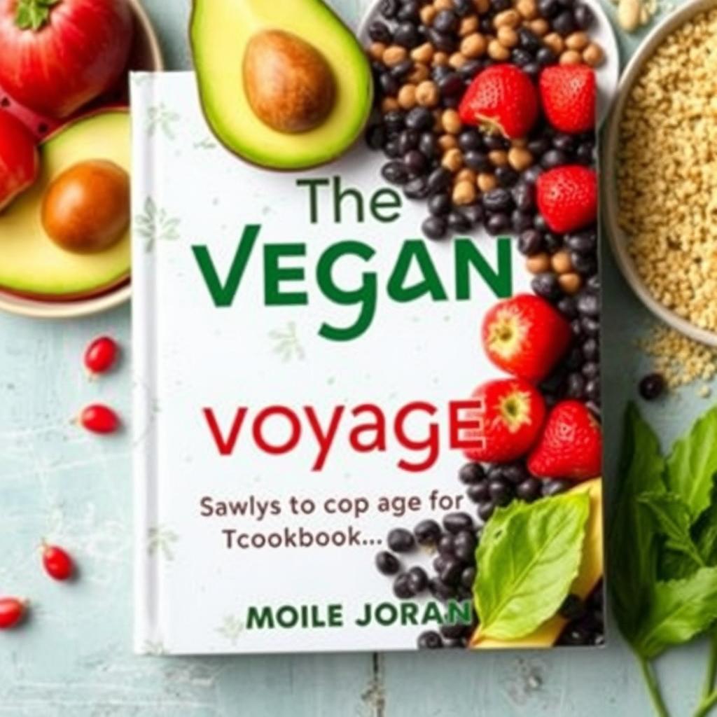 Design a vibrant, colorful cover for a vegan cookbook titled 'The Vegan Voyage: Journey to Total Wellness' by Monique Jordan