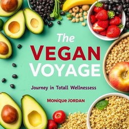 Design a vibrant, colorful cover for a vegan cookbook titled 'The Vegan Voyage: Journey to Total Wellness' by Monique Jordan