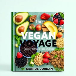 Design a vibrant, colorful cover for a vegan cookbook titled 'The Vegan Voyage: Journey to Total Wellness' by Monique Jordan