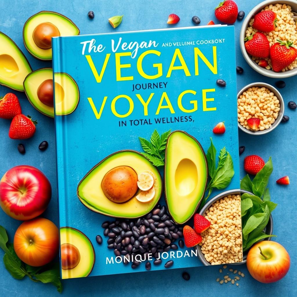 Design a vibrant, colorful cover for a vegan cookbook titled 'The Vegan Voyage: Journey to Total Wellness' by Monique Jordan