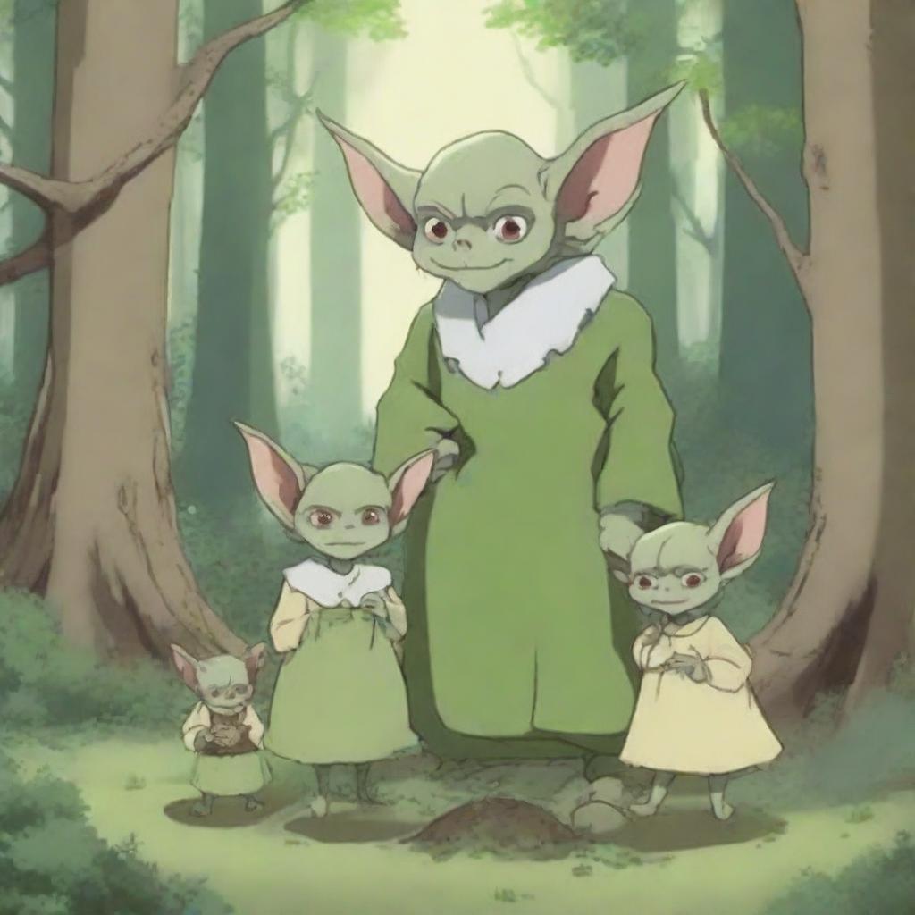 A charming scene featuring an anime goblin family in a whimsical forest