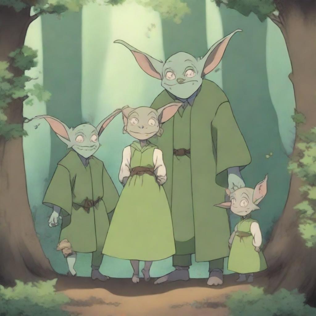 A charming scene featuring an anime goblin family in a whimsical forest