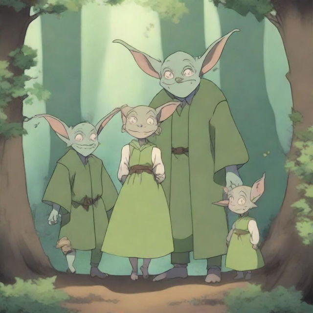 A charming scene featuring an anime goblin family in a whimsical forest