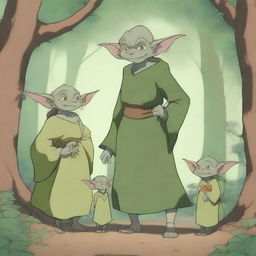 A charming scene featuring an anime goblin family in a whimsical forest