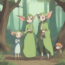 A charming scene featuring an anime goblin family in a whimsical forest