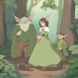 A charming scene featuring an anime goblin family in a whimsical forest