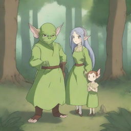 A charming scene featuring an anime goblin family in a whimsical forest