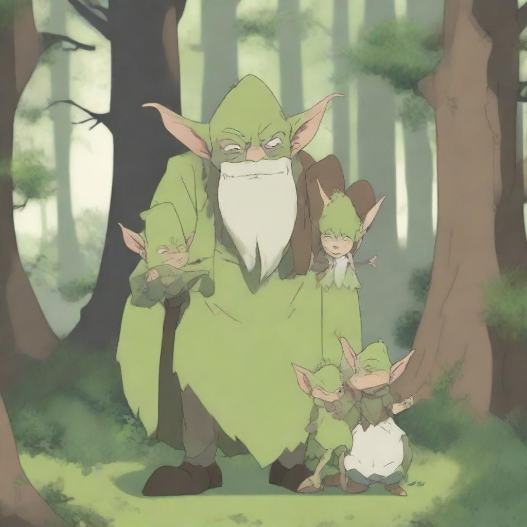 A charming scene featuring an anime goblin family in a whimsical forest