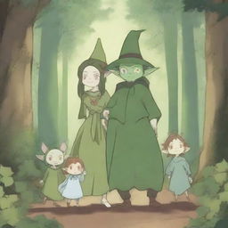 A charming scene featuring an anime goblin family in a whimsical forest