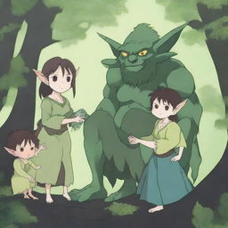 An enchanting anime illustration of a goblin family in a mystical forest