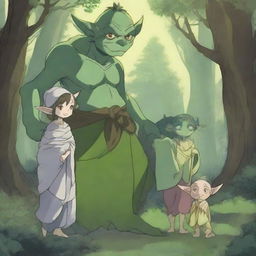 An enchanting anime illustration of a goblin family in a mystical forest