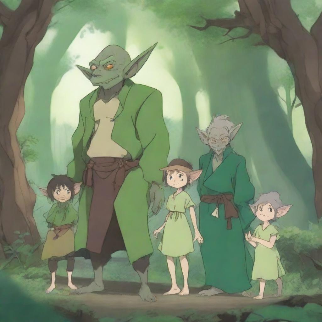 An enchanting anime illustration of a goblin family in a mystical forest