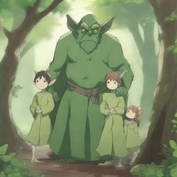 An enchanting anime illustration of a goblin family in a mystical forest