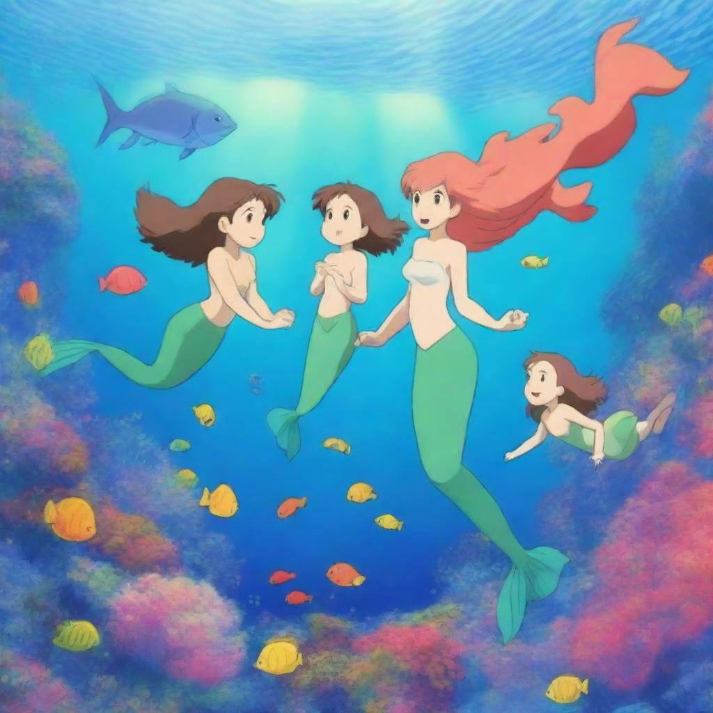 A beautiful underwater scene featuring an anime mermaid family in a vibrant coral reef