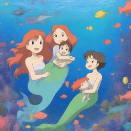 A beautiful underwater scene featuring an anime mermaid family in a vibrant coral reef