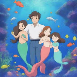 A beautiful underwater scene featuring an anime mermaid family in a vibrant coral reef