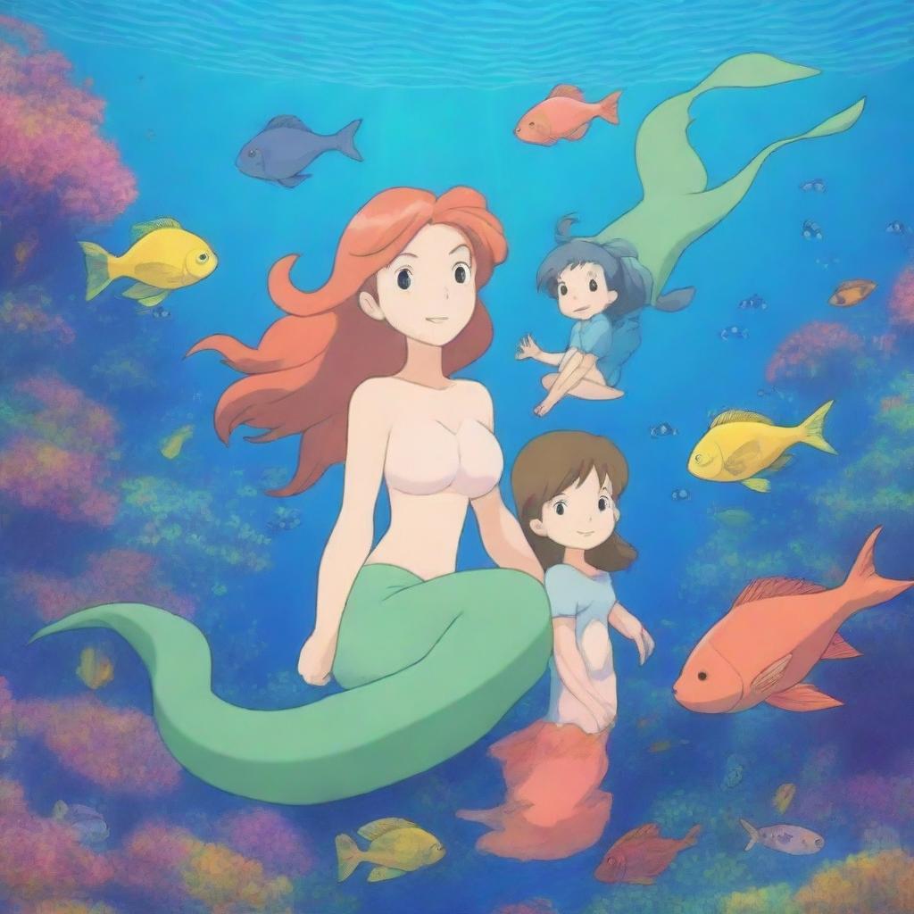 A beautiful underwater scene featuring an anime mermaid family in a vibrant coral reef