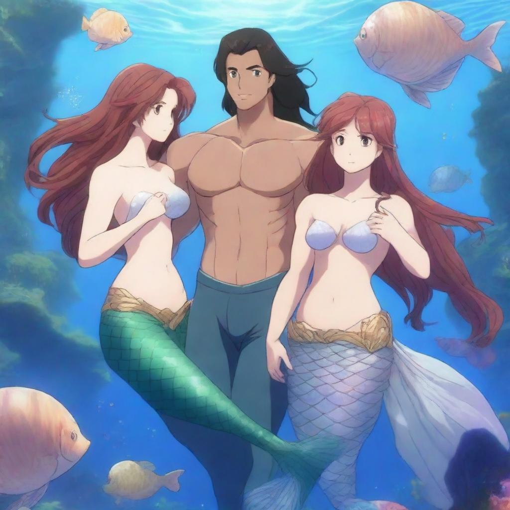 A highly detailed and vibrant 4K anime illustration of a mermaid family in an enchanting underwater world