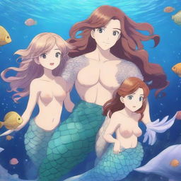 A highly detailed and vibrant 4K anime illustration of a mermaid family in an enchanting underwater world