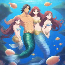 A highly detailed and vibrant 4K anime illustration of a mermaid family in an enchanting underwater world