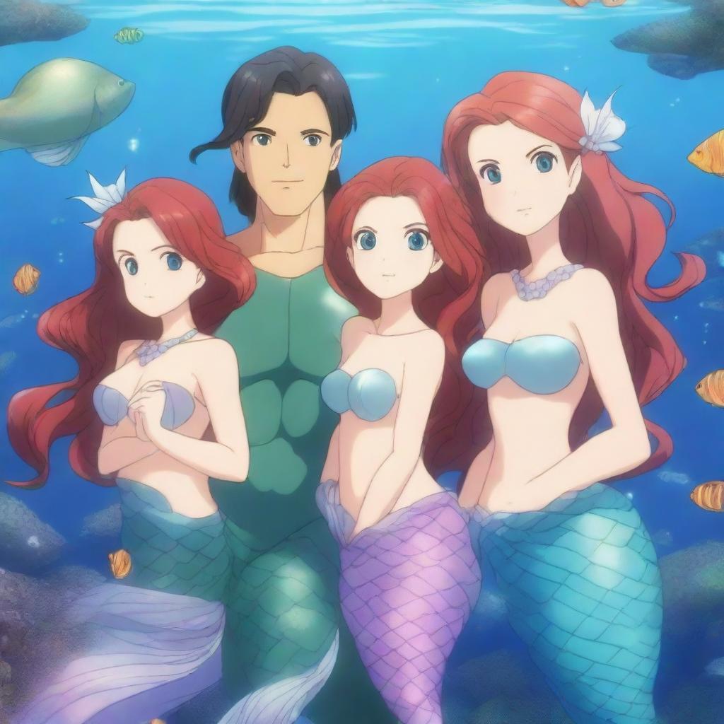 A highly detailed and vibrant 4K anime illustration of a mermaid family in an enchanting underwater world