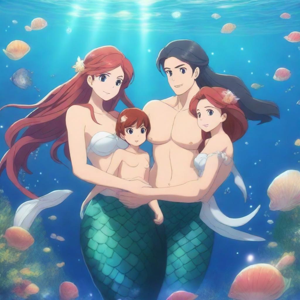 A highly detailed and vibrant 4K anime illustration of a mermaid family in an enchanting underwater world