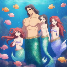 A highly detailed and vibrant 4K anime illustration of a mermaid family in an enchanting underwater world