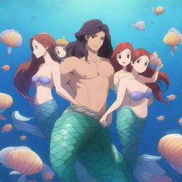 A highly detailed and vibrant 4K anime illustration of a mermaid family in an enchanting underwater world