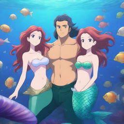 A highly detailed and vibrant 4K anime illustration of a mermaid family in an enchanting underwater world