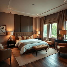 A cozy and modern bedroom with a comfortable bed, stylish furniture, and soft lighting