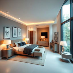 A cozy and modern bedroom with a comfortable bed, stylish furniture, and soft lighting