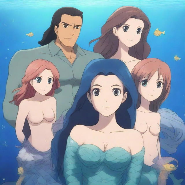 A high-definition anime illustration of a mermaid family in an enchanting underwater world