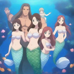 A high-definition anime illustration of a mermaid family in an enchanting underwater world