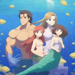 A high-definition anime illustration of a mermaid family in an enchanting underwater world