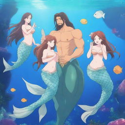 A high-definition anime illustration of a mermaid family in an enchanting underwater world